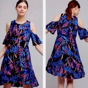 Anthropologie Maeve Sz 8 Elia Cold‑Shoulder Floral Mini Dress Black/Blue $138